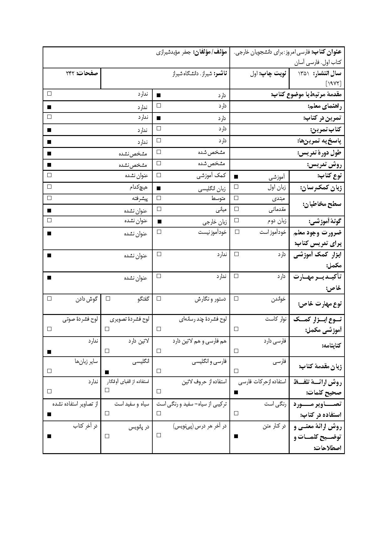فارسی امروز: برای دانشجویان خارجی. کتاب اول. فارسی آسان